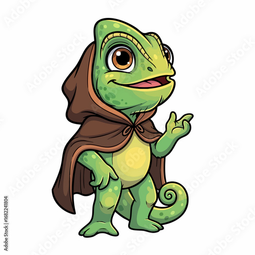 Cute cartoon chameleon character wearing a brown cloak.