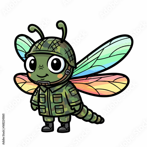Cute cartoon dragonfly soldier character in military uniform.