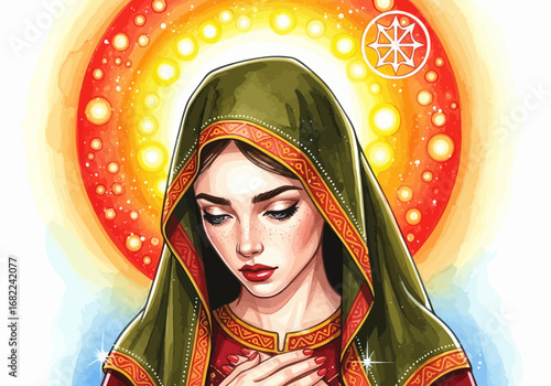 Vector art of portrait of a woman with a green hood and a radiant halo, symbolizing spirituality and divine connection