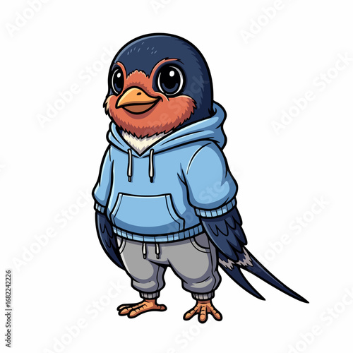 Cute cartoon swallow bird character wearing a blue hoodie.