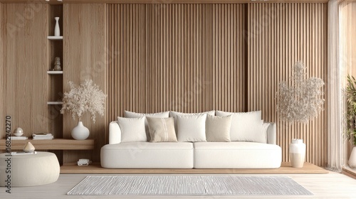 Light beige wooden wall, white couch, minimalist living room