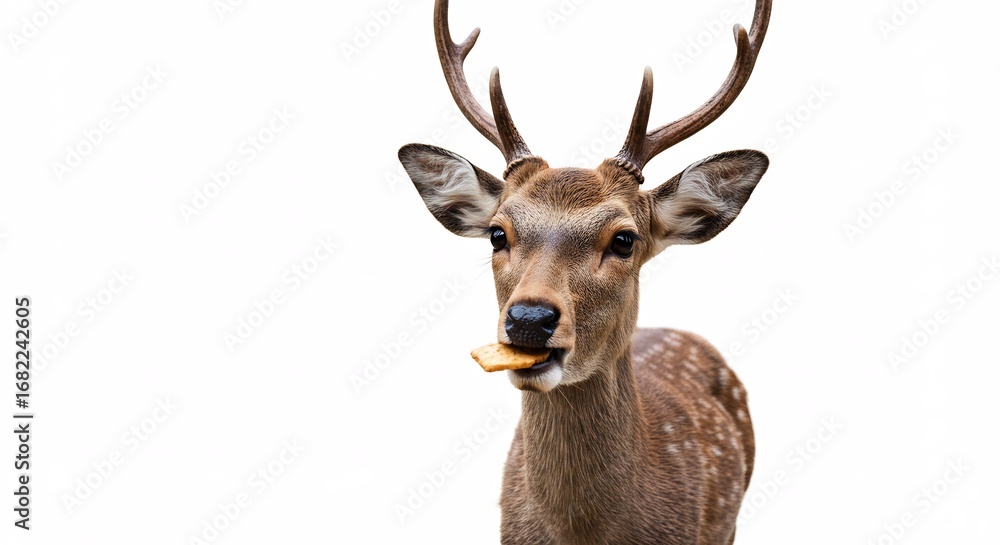 Fototapeta premium Gentle deer delicately enjoys a treat against bright white background. AI Generated