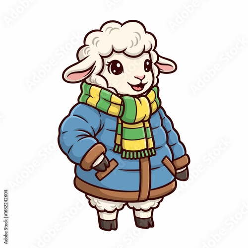 Cute cartoon sheep wearing a blue puffer jacket and a green and yellow striped scarf.