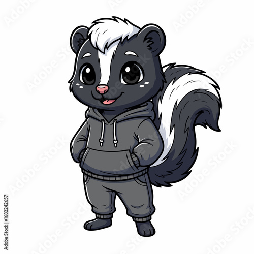Adorable Cartoon Skunk in Gray Hoodie and Sweatpants.