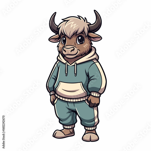 Cute Cartoon Yak in Teal Hoodie and Sweatpants.
