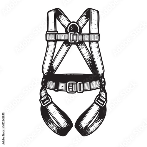 Vector illustration of a harness in black and white with bold black outline, symbolizing safety, climbing, protection, discipline, endurance, strength, and security.