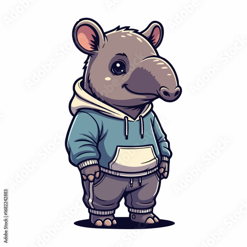 Cartoon Tapir Wearing Hoodie and Pants.