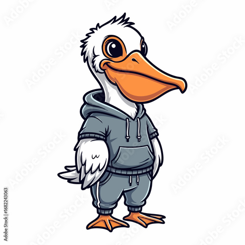Cartoon Pelican in Hoodie and Sweatpants Character Illustration.