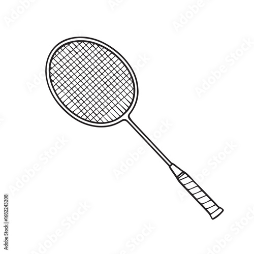 Vector drawing of badminton racket in simple black and white, accented with heavy black outline, symbolizing speed, discipline, focus, determination, energy, and balance.