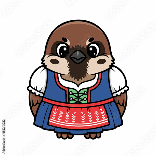 Cute Cartoon Bird in Traditional Bavarian Dirndl Dress.