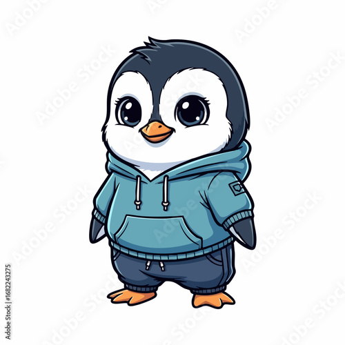 Cute cartoon penguin wearing a blue hoodie and pants.