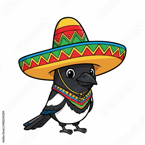 Cute Cartoon Magpie Bird Wearing a Colorful Sombrero Hat.