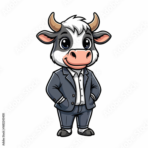 Smiling Cartoon Cow in Business Suit.