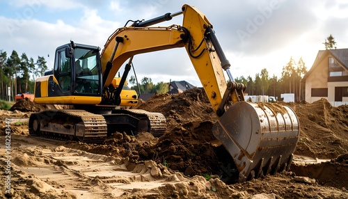 Excavator working on a construction site.  Sunny day, piles of dirt