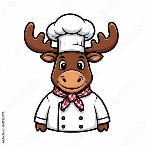 Cartoon Moose Chef in Uniform with Hat and Neckerchief.