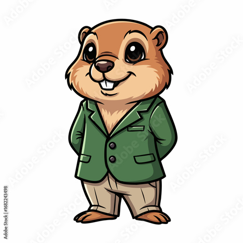 Cartoon Groundhog in a Green Blazer and Khaki Pants.