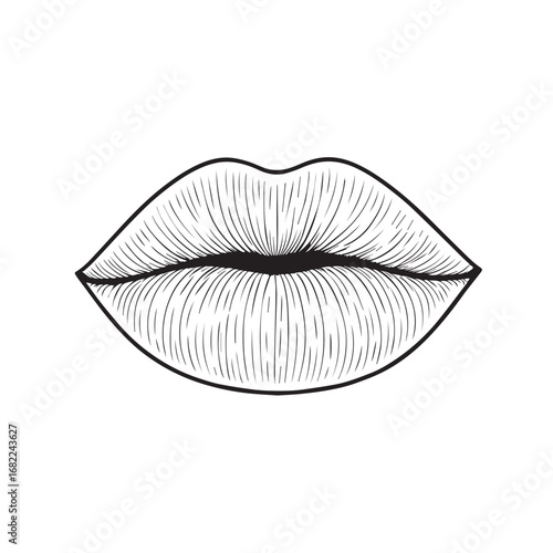 Vector illustration of lips icon in black and white with bold black outline, symbolizing beauty, sensuality, expression, elegance, passion, and style.