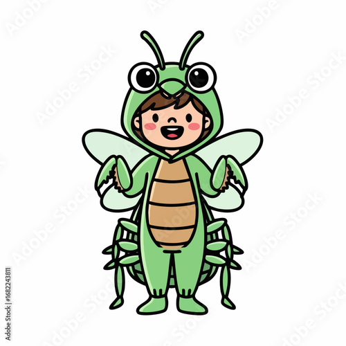 Cute child dressed in a green praying mantis costume smiling happily.
