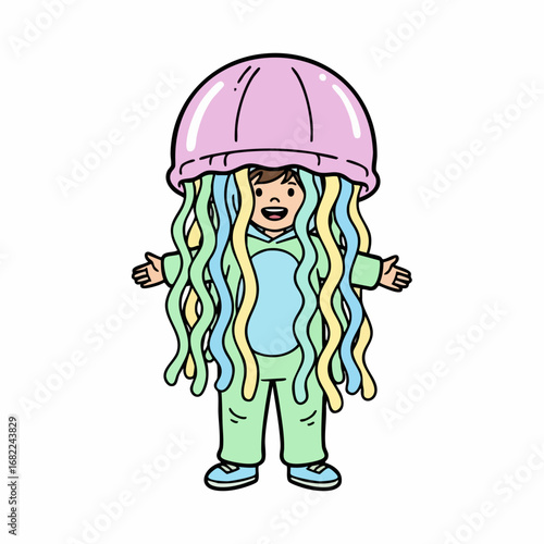 Happy child dressed in a colorful jellyfish costume for Halloween.