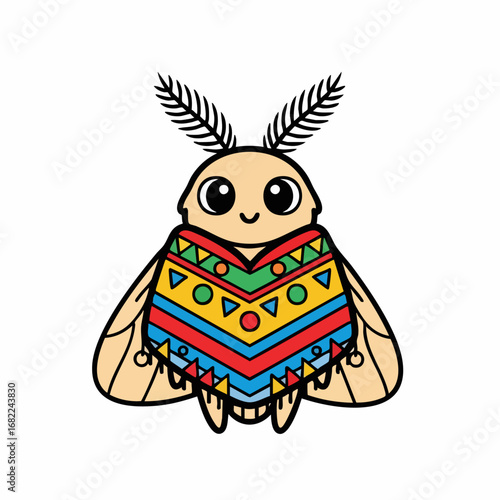 Adorable Kawaii Moth Character in Vibrant Mexican Poncho Illustration.