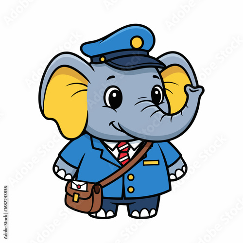 Cute cartoon elephant dressed as a mail carrier with a satchel.