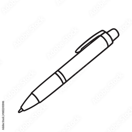 Vector illustration of a ballpoint pen in black and white with bold black outline, symbolizing writing, creativity, education, communication, focus, and knowledge.