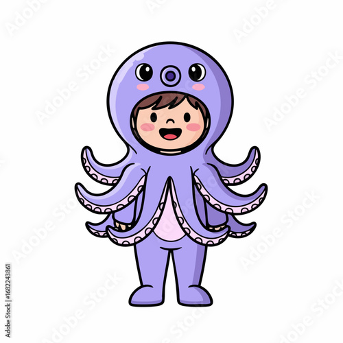 Adorable child in a purple octopus costume, smiling happily, ready to play.