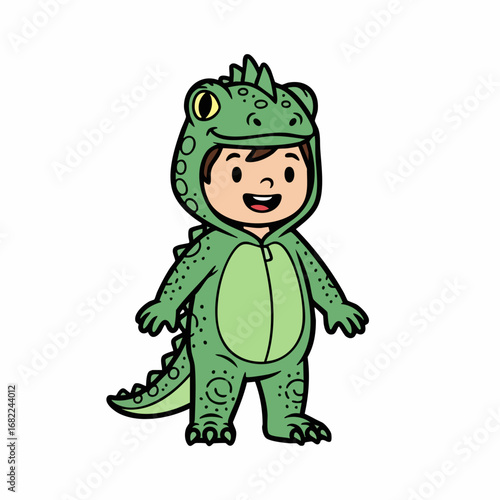 Cute cartoon child wearing a green dinosaur costume with a zipper and a tail.