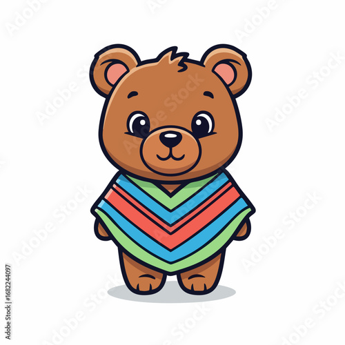 Cute cartoon bear character wearing a colorful striped poncho.
