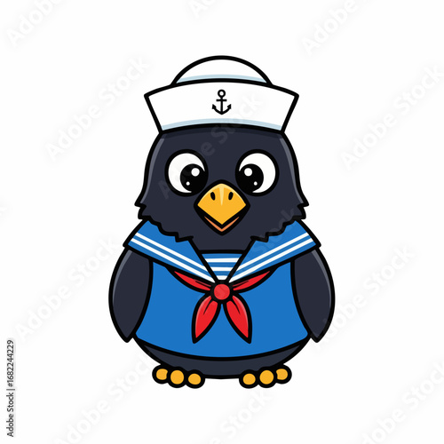 Cute cartoon crow dressed as a sailor with a hat and blue uniform.