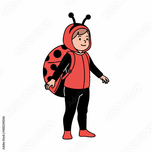 Child wearing a cute ladybug costume with a large shell and antennae.
