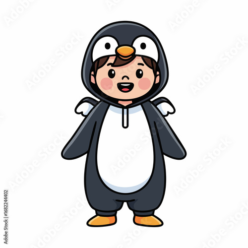 Happy child in a penguin costume ready for a fun adventure.