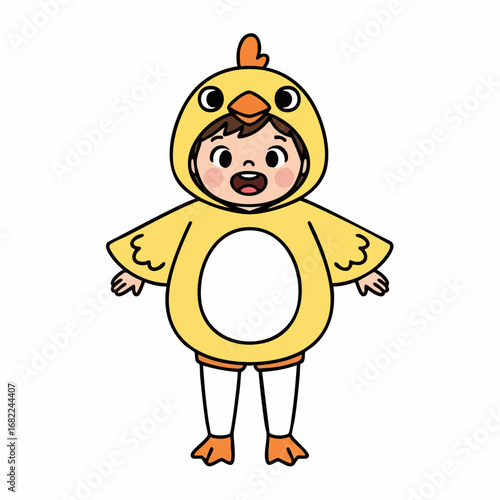 Cute child wearing a yellow chick costume with open mouth and wide eyes.