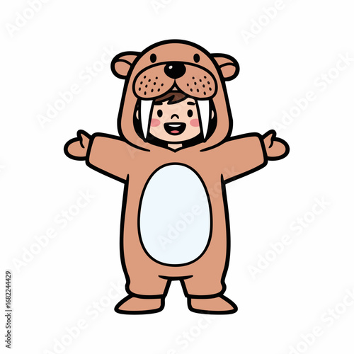 Child wearing a cute walrus costume with open arms.