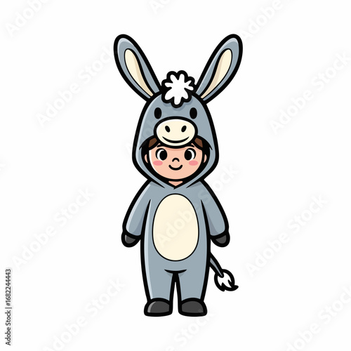 Adorable child dressed in a cute donkey costume, smiling happily.