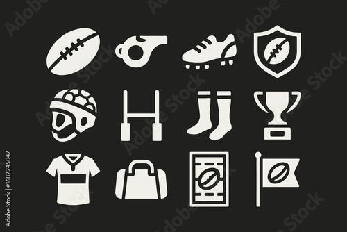 Rugby sport gear silhouette icon set. American football equipment filled solid symbol collection. Ball, Whistle, Helmet, Goalpost, Shoes, Trophy, Field, Bag, Uniform, Sock, Flag. Vector illustration