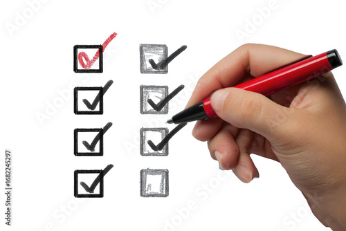 A hand holding a red marker, checking off boxes on a checklist