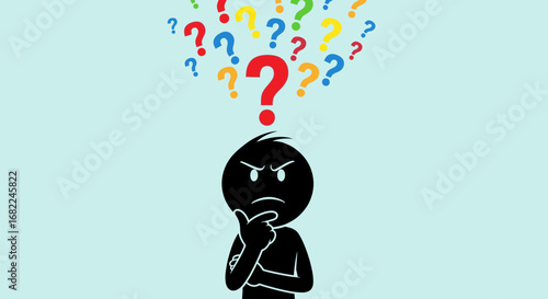 Confused Stickman Doodle with Question Marks Vector Illustration