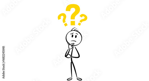 Confused Stickman Doodle with Question Marks Vector Illustration