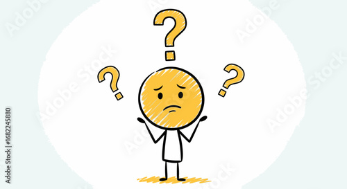 Confused Stickman Doodle with Question Marks Vector Illustration