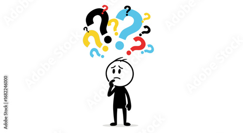 Confused Stickman Doodle with Question Marks Vector Illustration