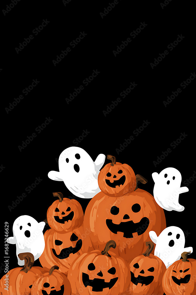 Fototapeta premium A playful Halloween scene featuring cheerful ghosts and carved pumpkins stacked together