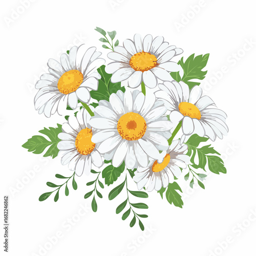 Hand-drawn illustration of a beautiful white daisy bouquet with green leaves. Elegant camomile floral arrangement isolated on a white background for design