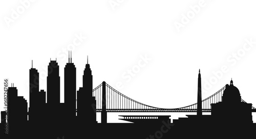 Black Silhouette of a City Skyline with Skyscrapers, Bridge, and Monument.