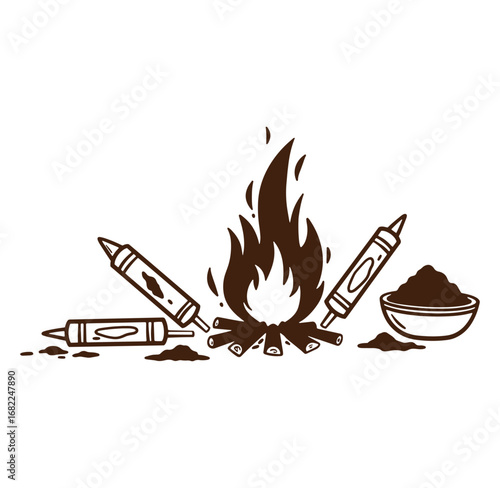 Illustration of a campfire with crayons and a bowl of earth-tone pigment in a playful design
