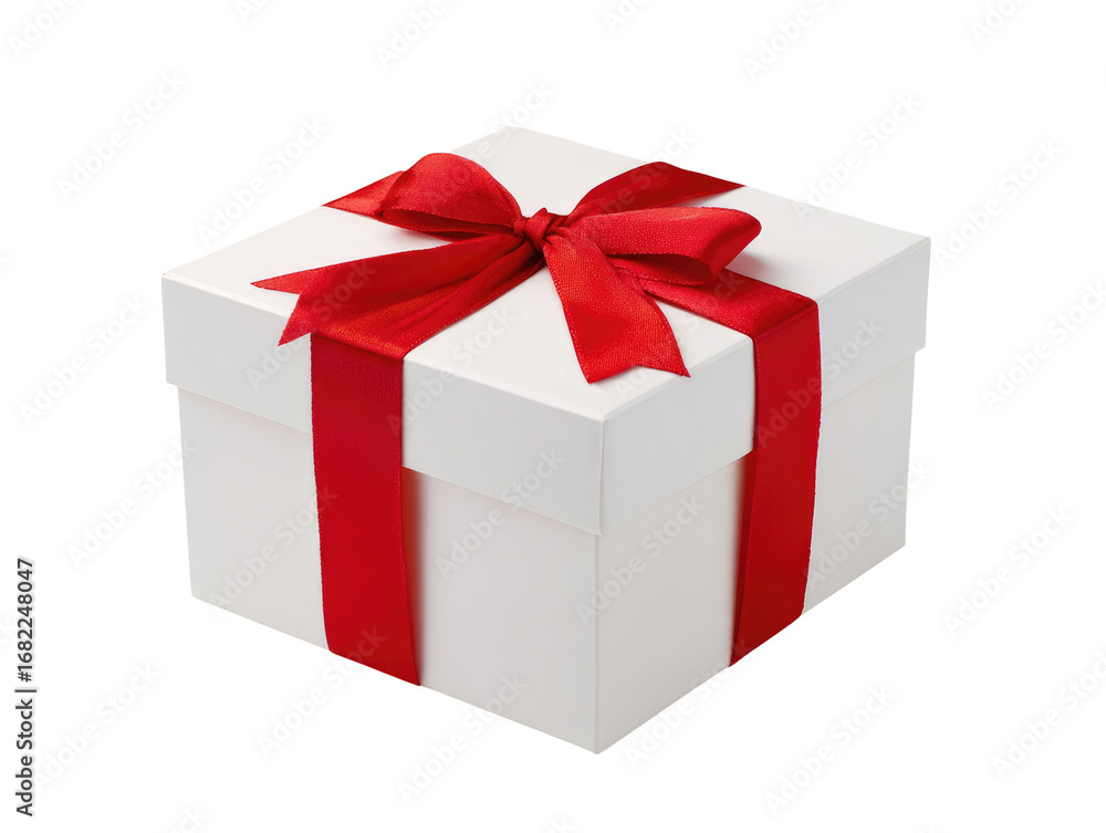 Fototapeta premium A white gift box with a red ribbon bow