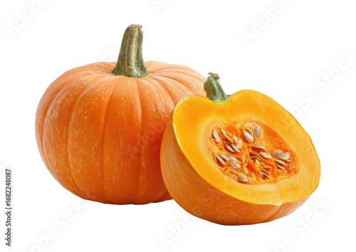Two pumpkins, one whole and one sliced in half, display a vibrant orange hue. Fresh and ripe gourds, close-up, isolated against a black background