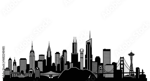 Monochrome Skyline Silhouette of New York and San Francisco Cityscapes.