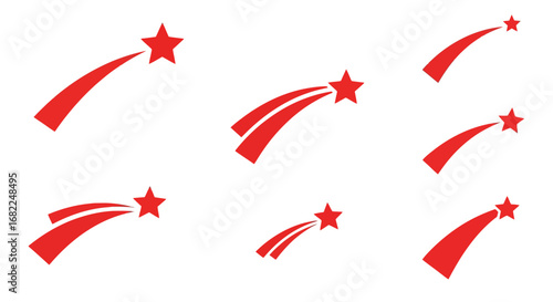 Red Star with Comet Tail, Vector Graphic Set, Shooting Star Icons.