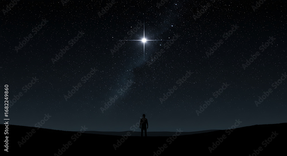 Fototapeta premium A solitary figure gazes upward at a brilliant star. 